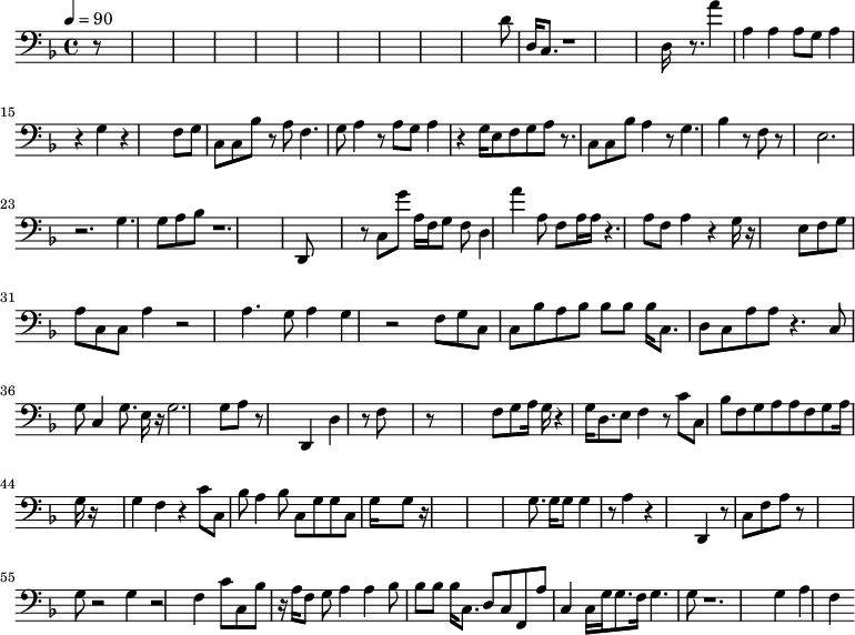 {\clef bass \tempo 4=90\key f \major
  r8*79 d'8 d16 c8. r1*2 d16*5 r8. 
  | % 18
  a'4 a a 
  | % 19
  a8 g a4 r4 
  | % 20
  g r4*5 f8 g c c bes r8 
  | % 23
  a f4. g8 a4 r8 a g a4 
  | % 25
  r4 g16 e8 f g a r8. c8 c bes a4 r8 g4. bes4 r8 f r8*5 e2. r2. g4. 
  g8 
  | % 32
  a bes r1. d,8*9 r8 
  | % 36
  c g' a16 f g8 f d4 a' a8 f a16 a 
  | % 38
  r4. a8 f a4 r4 g16 r16*11 e8 f g 
  | % 41
  a c c a4 r2 a4. 
  | % 43
  g8 a4 g r2 f8 g c 
  | % 45
  c bes a bes bes bes 
  | % 46
  bes16 c8. d8 c a a 
  | % 47
  r4. c8 g c4 g8. e16 r16 g2. g8 a r8*7 d,4 d r8 f8*7 r8*11 f8 
  g a16 g r4 g16 d8. e8 f4 r8 c' c bes f g a a f g a16 g r16*15 g4 
  | % 60
  f r4 c'8 c 
  | % 61
  bes a4 bes8 c g 
  | % 62
  g c g16*11 g8 r16*41 g8. g16 g8 g4 r8 a4 r4*5 d,4 r8 c f a 
  r8*13 g8 r2 g4 r2 f4 c'8 c bes r16 a f8 
  | % 76
  g a4 a bes8 
  | % 77
  bes bes bes16 c8. d8 c 
  | % 78
  f, a c4 c16 g g8. f16 g4. g8 r1. g4 a f 
}\midi{}