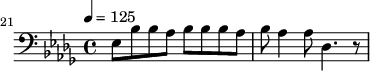{\clef bass \tempo 4=125 \key des \major
\set Score.currentBarNumber = #21 \bar ""
ees8 bes bes aes bes bes bes aes bes aes4 aes8 des4. r8}\midi{}