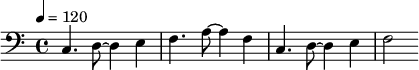 {\clef bass \tempo 4=120 c4. d8 ~ d4 e f4. a8 ~ a4 f c4. d8 ~ d4 e f2}\midi{}