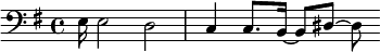 {\clef bass \key g \major e16 e2 d c4 c8.[ b,16]~ b,8[ dis8] ~ dis}