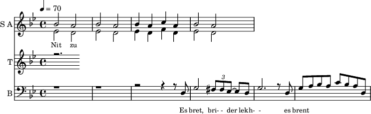 
<<
  \new Staff     
    \with {instrumentName = "S A"
           shortInstrumentName = "S A"}
    <<
    \set Staff.midiMinimumVolume = #0.3
    \set Staff.midiMaximumVolume = #0.7
    \set Score.currentBarNumber = #1 \bar "" \tempo 4=70 \time 4/4 \key bes \major

    \new Voice = "one" \relative c '' {  
      \voiceOne
        bes2 a bes a bes4 a c a bes2 a
    }
    \new Voice = "two" \relative c '{  
      \voiceTwo
        ees2 d ees d ees4 d f d ees2 d  
    }
    >>
    \new Lyrics \lyricsto "one" {\set fontSize = #-2
      Nit zu
    }
  \new Staff  
    \with {instrumentName = "T"
           shortInstrumentName = "T"}
    <<
    \set Staff.midiMinimumVolume = #0.3
    \set Staff.midiMaximumVolume = #0.5      
    \set Score.currentBarNumber = #1 \bar "" \tempo 4=70 \time 4/4 \key bes \major
    \new Voice = "three" \fixed c '' {
      \voiceOne
      r2. 
    }
    >>
    \new Lyrics \lyricsto "three" {\set fontSize = #-2
    
    }

  \new Staff \with {midiInstrument = #"acoustic bass"
       instrumentName = "B"
       shortInstrumentName = "B"} <<
    \set Staff.midiMinimumVolume = #4.7
    \set Staff.midiMaximumVolume = #5.9
    \set Score.currentBarNumber = #1 \bar "" \tempo 4=70 \time 4/4 \key bes \major
    \clef bass 
    \new Voice = "four"{
      \voiceOne 
      r1 r r2 r4 r8 d g2 \tuplet 3/2 {fis8 fis ees~} ees d g2. r8 d g a bes a c' bes a d
    }
    >>
    \new Lyrics \lyricsto "four" {\set fontSize = #-2
    Es bret, bri- - der lekh- - es brent 
    }
>>
\midi{}