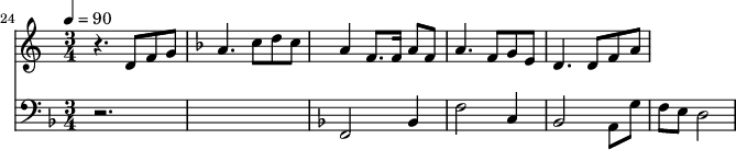 
{
  <<
    \relative c ' {
      \new Staff {
        \set Staff.midiMinimumVolume = #0.3
        \set Staff.midiMaximumVolume = #0.7
        \set Score.currentBarNumber = #24 \bar "" \tempo 4=90  \key c \major \time 3/4
        r4. d8 f8 g8 \key f \major a4. c8 d c a4 f8. f16 a8 f8 a4. f8 g e d4. d8 f a
      }

    }
    \new Staff  \with {midiInstrument = #"acoustic bass"} 
    {
      \set Staff.midiMinimumVolume = #4.7
      \set Staff.midiMaximumVolume = #5.9
      \set Score.currentBarNumber = #24 \bar ""
      \clef bass \key f \major \time 3/4
      r2.*2 \key f \major f,2 bes,4 f2 c4 bes,2 a,8 g f e d2
    }
  >>
}
\midi{}