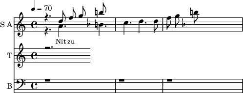 <<
\new Staff
\with {instrumentName = "S A"
shortInstrumentName = "S A"}
<<
\set Staff.midiMinimumVolume = #0.3
\set Staff.midiMaximumVolume = #0.7
\set Score.currentBarNumber = #1 \bar "" \tempo 4=70 \time 4/4
\new Voice = "one" \relative c '' {
\voiceOne
\key c \major
r4. d8 f8 g8
\key f \major b
}
\new Voice = "two" \relative c ''{
\voiceTwo
\key c \major
r4. a b c d d8 f8 g8
\key f \major b
}
>>
\new Lyrics \lyricsto "one" {\set fontSize = #-2
Nit zu
}
\new Staff
\with {instrumentName = "T"
shortInstrumentName = "T"}
<<
\set Staff.midiMinimumVolume = #0.3
\set Staff.midiMaximumVolume = #0.5
\key c \major \time 3/4
\new Voice = "three" \fixed c '' {
\voiceOne
r2.
}
>>
\new Lyrics \lyricsto "three" {\set fontSize = #-2
}
\new Staff \with {midiInstrument = #"acoustic bass"
instrumentName = "B"
shortInstrumentName = "B"} <<
\set Staff.midiMinimumVolume = #4.7
\set Staff.midiMaximumVolume = #5.9
\clef bass \key c \major \time 4/4
\new Voice = "four"{
\voiceOne
r1 r r
}
>>
\new Lyrics \lyricsto "four" {\set fontSize = #-2
oo
}
>>
\midi{}