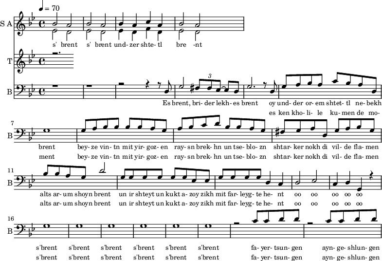 <<
\new Staff
\with {instrumentName = "S A"
shortInstrumentName = "S A"}
<<
\set Staff.midiMinimumVolume = #0.3
\set Staff.midiMaximumVolume = #0.7
\set Score.currentBarNumber = #1 \bar "" \tempo 4=70 \time 4/4 \key bes \major
\new Voice = "one" \relative c '' {
\voiceOne
bes2 a bes a bes4 a c a bes2 a
}
\new Voice = "two" \relative c '{
\voiceTwo
ees2 d ees d ees4 d f d ees2 d
}
>>
\new Lyrics \lyricsto "one" {\set fontSize = #-2
s' brent s' brent und- zer shte- tl bre -nt
}
\new Staff
\with {instrumentName = "T"
shortInstrumentName = "T"}
<<
\set Staff.midiMinimumVolume = #0.3
\set Staff.midiMaximumVolume = #0.5
\set Score.currentBarNumber = #1 \bar "" \tempo 4=70 \time 4/4 \key bes \major
\new Voice = "three" \fixed c '' {
\voiceOne
r2.
}
>>
\new Lyrics \lyricsto "three" {\set fontSize = #-2
}
\new Staff \with {midiInstrument = #"acoustic bass"
instrumentName = "B"
shortInstrumentName = "B"} <<
\set Staff.midiMinimumVolume = #14.7
\set Staff.midiMaximumVolume = #15.9
\set Score.currentBarNumber = #1 \bar "" \tempo 4=70 \time 4/4 \key bes \major
\clef bass
\new Voice = "four"{
\voiceOne
r1 r r2 r4 r8 d g2 \tuplet 3/2 {fis8 fis ees~} ees d g2. r8 d g a bes a c' bes a d g1 g8 a bes bes bes bes a g a bes c' d' bes bes a g fis g a d g a bes g bes bes a g d'2 g8 g g g g g ees ees g g g g d4 c d2 ees c4 d g, r4 g1 g g g g g r2 c'8 c' d' d' r2 c'8 c' d' d'
}
>>
\new Lyrics \lyricsto "four" {\set fontSize = #-2
Es brent, bri- der lekh- es brent oy und- der or- em shtet- tl ne- bekh brent bey- ze vin- tn mit yir- goz- en ray- sn brek- hn un tse- blo- zn shtar- ker nokh di vil- de fla- men alts ar- um shoyn brent un ir shteyt un kukt a- zoy zikh mit far- leyg- te he- nt oo oo oo oo oo s'brent s'brent s'brent s'brent s'brent s'brent fa- yer- tsun- gen ayn- ge- shlun- gen
}
\new Lyrics \lyricsto "four" {\set fontSize = #-2
_ _ _ _ _ _ _ es ken kho- li- le ku- men de mo- ment bey- ze vin- tn mit yir- goz- en ray- sn brek- hn un tse- blo- zn shtar- ker nokh di vil- de fla- men alts ar- um shoyn brent un ir shteyt un kukt a- zoy zikh mit far- leyg- te he- nt oo oo oo oo oo s'brent s'brent s'brent s'brent s'brent s'brent fa- yer- tsun- gen ayn- ge- shlun- gen
}
>>
\midi{}