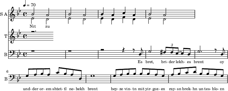 
<<
  \new Staff     
    \with {instrumentName = "S A"
           shortInstrumentName = "S A"}
    <<
    \set Staff.midiMinimumVolume = #0.3
    \set Staff.midiMaximumVolume = #0.7
    \set Score.currentBarNumber = #1 \bar "" \tempo 4=70 \time 4/4 \key bes \major

    \new Voice = "one" \relative c '' {  
      \voiceOne
        bes2 a bes a bes4 a c a bes2 a
    }
    \new Voice = "two" \relative c '{  
      \voiceTwo
        ees2 d ees d ees4 d f d ees2 d  
    }
    >>
    \new Lyrics \lyricsto "one" {\set fontSize = #-2
      Nit zu
    }
  \new Staff  
    \with {instrumentName = "T"
           shortInstrumentName = "T"}
    <<
    \set Staff.midiMinimumVolume = #0.3
    \set Staff.midiMaximumVolume = #0.5      
    \set Score.currentBarNumber = #1 \bar "" \tempo 4=70 \time 4/4 \key bes \major
    \new Voice = "three" \fixed c '' {
      \voiceOne
      r2. 
    }
    >>
    \new Lyrics \lyricsto "three" {\set fontSize = #-2
    
    }

  \new Staff \with {midiInstrument = #"acoustic bass"
       instrumentName = "B"
       shortInstrumentName = "B"} <<
    \set Staff.midiMinimumVolume = #4.7
    \set Staff.midiMaximumVolume = #5.9
    \set Score.currentBarNumber = #1 \bar "" \tempo 4=70 \time 4/4 \key bes \major
    \clef bass 
    \new Voice = "four"{
      \voiceOne 
      r1 r r2 r4 r8 d g2 \tuplet 3/2 {fis8 fis ees~} ees d g2. r8 d g a bes a c' bes a d g1 g8 a bes bes bes bes a g a bes c' d' bes bes a g  
    }
    >>
    \new Lyrics \lyricsto "four" {\set fontSize = #-2
    Es bret, bri- der lekh- es brent oy und- der or- em shtet- tl ne- bekh brent bey- ze vin- tn mit yir- goz- en ray- sn brek- hn un tes- blo- zn
    }
>>
\midi{}