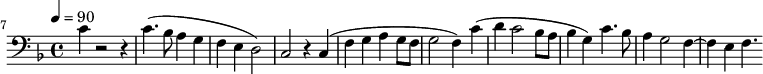 {\clef bass \tempo 4=90 \key f \major
\set Score.currentBarNumber = #7 \bar ""
c'4 r2 r4 c'4.( bes8 a4 g f e d2) c r4 c( f g a g8 f g2 f4) 
c'( d' c'2 bes8 a bes4 g) c'4. bes8 a4 g2 f4~ f e f4.)
}\midi{}