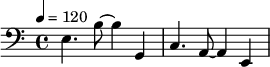 {\clef bass \tempo 4=120 e4. b8 ~ b4 g, c4. a,8 ~ a,4 e,}\midi{}