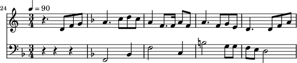 
{
  <<
    \relative c ' {
      \new Staff {
        \set Staff.midiMinimumVolume = #1.1
        \set Staff.midiMaximumVolume = #1.3
        \set Score.currentBarNumber = #24 \bar "" \tempo 4=90  \key c \major \time 3/4
        r4. d8 f8 g8 \key f \major a4. c8 d c a4 f8. f16 a8 f8 a4. f8 g e d4. d8 f a
      }

    }
    \new Staff  \with {midiInstrument = #"acoustic bass"} 
    {
      \set Staff.midiMinimumVolume = #2.7
      \set Staff.midiMaximumVolume = #3.9
      \set Score.currentBarNumber = #24 \bar ""
      \clef bass \key f \major \time 3/4
      r4 r4 r4 \key f \major f,2 bes,4 f2 c4 b2 g8 g f e d2
    }
  >>
}
\midi{}