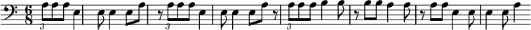 {\clef bass \key c \major \time 6/8 \partial 4. \tuplet 3/2 a8 a a e4 e8 e4 e8 a r8 \tuplet 3/2 a8 a a e4 e8 e4 e8 a r8 \tuplet 3/2 a8 a a b4 b8 r8 b8 b a4 a8 r8 a8 a e4 e8 e4 e8 a4 }