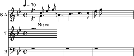 
<<
  \new Staff     
    \with {instrumentName = "S A"
           shortInstrumentName = "S A"}
    <<
    \set Staff.midiMinimumVolume = #0.3
    \set Staff.midiMaximumVolume = #0.7
    \set Score.currentBarNumber = #1 \bar "" \tempo 4=70 \time 4/4 \key bes \major

    \new Voice = "one" \relative c '' {  
      \voiceOne
        r4. d8 f8 g8 
    }
    \new Voice = "two" \relative c ''{  
      \voiceTwo
        r4. a b c d d8 f8 g8 
    }
    >>
    \new Lyrics \lyricsto "one" {\set fontSize = #-2
      Nit zu
    }
  \new Staff  
    \with {instrumentName = "T"
           shortInstrumentName = "T"}
    <<
    \set Staff.midiMinimumVolume = #0.3
    \set Staff.midiMaximumVolume = #0.5      
    \set Score.currentBarNumber = #1 \bar "" \tempo 4=70 \time 4/4 \key bes \major
    \new Voice = "three" \fixed c '' {
      \voiceOne
      r2. 
    }
    >>
    \new Lyrics \lyricsto "three" {\set fontSize = #-2
    
    }

  \new Staff \with {midiInstrument = #"acoustic bass"
       instrumentName = "B"
       shortInstrumentName = "B"} <<
    \set Staff.midiMinimumVolume = #4.7
    \set Staff.midiMaximumVolume = #5.9
    \set Score.currentBarNumber = #1 \bar "" \tempo 4=70 \time 4/4 \key bes \major
    \clef bass 
    \new Voice = "four"{
      \voiceOne 
      r1 r r 
    }
    >>
    \new Lyrics \lyricsto "four" {\set fontSize = #-2
    oo 
    }
>>
\midi{}