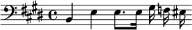 {\clef bass \key e \major b, e e8. e16 gis f eis}