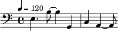 {\clef bass \tempo 4=120 e4. b8 ~ b4 g, c a,4 ~ a,8 }\midi{}