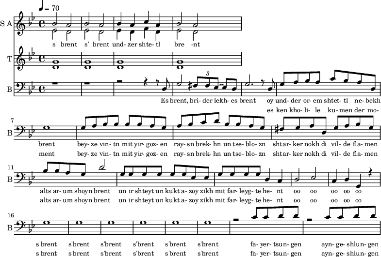 <<
\new Staff
\with {instrumentName = "S A"
shortInstrumentName = "S A"}
<<
\set Staff.midiMinimumVolume = #0.3
\set Staff.midiMaximumVolume = #0.7
\set Score.currentBarNumber = #1 \bar "" \tempo 4=70 \time 4/4 \key bes \major
\new Voice = "one" \relative c '' {
\voiceOne
bes2 a bes a bes4 a c a bes2 a
}
\new Voice = "two" \relative c '{
\voiceTwo
ees2 d ees d ees4 d f d ees2 d
}
>>
\new Lyrics \lyricsto "one" {\set fontSize = #-2
s' brent s' brent und- zer shte- tl bre -nt
}
\new Staff
\with {instrumentName = "T"
shortInstrumentName = "T"}
<<
\set Staff.midiMinimumVolume = #0.3
\set Staff.midiMaximumVolume = #0.5
\set Score.currentBarNumber = #1 \bar "" \tempo 4=70 \time 4/4 \key bes \major
\new Voice = "three" \fixed c ' {
\voiceOne
g1 g g g
}
\new Voice = "four" \fixed c ' {
\voiceTwo
d1 d d d
}
>>
\new Lyrics \lyricsto "three" {\set fontSize = #-2
}
\new Staff \with {midiInstrument = #"acoustic bass"
instrumentName = "B"
shortInstrumentName = "B"} <<
\set Staff.midiMinimumVolume = #14.7
\set Staff.midiMaximumVolume = #15.9
\set Score.currentBarNumber = #1 \bar "" \tempo 4=70 \time 4/4 \key bes \major
\clef bass
\new Voice = "five"{
\voiceOne
r1 r r2 r4 r8 d g2 \tuplet 3/2 {fis8 fis ees~} ees d g2. r8 d g a bes a c' bes a d g1 g8 a bes bes bes bes a g a bes c' d' bes bes a g fis g a d g a bes g bes bes a g d'2 g8 g g g g g ees ees g g g g d4 c d2 ees c4 d g, r4 g1 g g g g g r2 c'8 c' d' d' r2 c'8 c' d' d'
}
>>
\new Lyrics \lyricsto "five" {\set fontSize = #-2
Es brent, bri- der lekh- es brent oy und- der or- em shtet- tl ne- bekh brent bey- ze vin- tn mit yir- goz- en ray- sn brek- hn un tse- blo- zn shtar- ker nokh di vil- de fla- men alts ar- um shoyn brent un ir shteyt un kukt a- zoy zikh mit far- leyg- te he- nt oo oo oo oo oo s'brent s'brent s'brent s'brent s'brent s'brent fa- yer- tsun- gen ayn- ge- shlun- gen
}
\new Lyrics \lyricsto "five" {\set fontSize = #-2
_ _ _ _ _ _ _ es ken kho- li- le ku- men der mo- ment bey- ze vin- tn mit yir- goz- en ray- sn brek- hn un tse- blo- zn shtar- ker nokh di vil- de fla- men alts ar- um shoyn brent un ir shteyt un kukt a- zoy zikh mit far- leyg- te he- nt oo oo oo oo oo s'brent s'brent s'brent s'brent s'brent s'brent fa- yer- tsun- gen ayn- ge- shlun- gen
}
>>
\midi{}