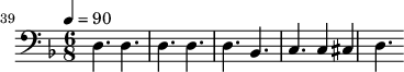 {\clef bass \tempo 4=90\key f \major \time 6/8 
\set Score.currentBarNumber = #39 \bar ""
d4. d d d d bes, c c4 cis d4.
}
\midi{}