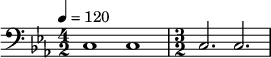 {\clef bass \tempo 4 = 120 \key ees \major 
\time 4/2 c1 c1 \time 3/2 c2. c2.
}\midi{}