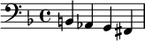{\clef bass \key f \major b, aes, g, fis,}