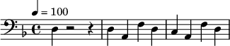 {\clef bass \tempo 4=100 \key f \major
\set Score.currentBarNumber = #1 \bar ""
d4 r2 r4 d a, f d c a, f d
}\addlyrics {\set fontSize = #-2
}
\midi{}