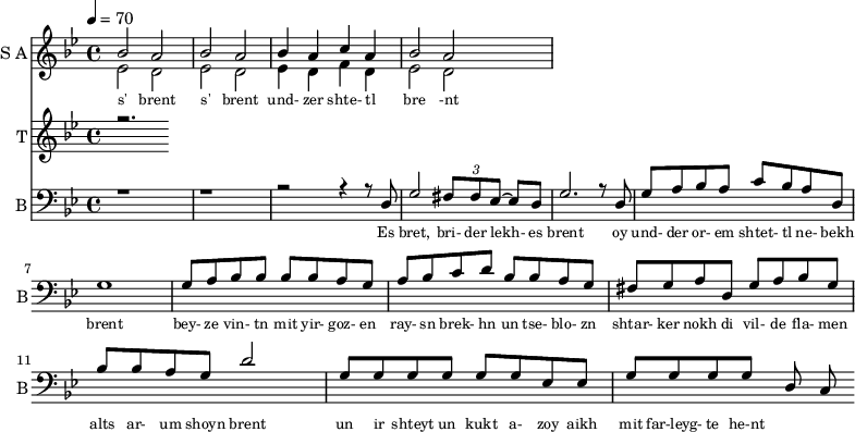<<
\new Staff
\with {instrumentName = "S A"
shortInstrumentName = "S A"}
<<
\set Staff.midiMinimumVolume = #0.3
\set Staff.midiMaximumVolume = #0.7
\set Score.currentBarNumber = #1 \bar "" \tempo 4=70 \time 4/4 \key bes \major
\new Voice = "one" \relative c '' {
\voiceOne
bes2 a bes a bes4 a c a bes2 a
}
\new Voice = "two" \relative c '{
\voiceTwo
ees2 d ees d ees4 d f d ees2 d
}
>>
\new Lyrics \lyricsto "one" {\set fontSize = #-2
s' brent s' brent und- zer shte- tl bre -nt
}
\new Staff
\with {instrumentName = "T"
shortInstrumentName = "T"}
<<
\set Staff.midiMinimumVolume = #0.3
\set Staff.midiMaximumVolume = #0.5
\set Score.currentBarNumber = #1 \bar "" \tempo 4=70 \time 4/4 \key bes \major
\new Voice = "three" \fixed c '' {
\voiceOne
r2.
}
>>
\new Lyrics \lyricsto "three" {\set fontSize = #-2
}
\new Staff \with {midiInstrument = #"acoustic bass"
instrumentName = "B"
shortInstrumentName = "B"} <<
\set Staff.midiMinimumVolume = #4.7
\set Staff.midiMaximumVolume = #5.9
\set Score.currentBarNumber = #1 \bar "" \tempo 4=70 \time 4/4 \key bes \major
\clef bass
\new Voice = "four"{
\voiceOne
r1 r r2 r4 r8 d g2 \tuplet 3/2 {fis8 fis ees~} ees d g2. r8 d g a bes a c' bes a d g1 g8 a bes bes bes bes a g a bes c' d' bes bes a g fis g a d g a bes g bes bes a g d'2 g8 g g g g g ees ees g g g g d c
}
>>
\new Lyrics \lyricsto "four" {\set fontSize = #-2
Es bret, bri- der lekh- es brent oy und- der or- em shtet- tl ne- bekh brent bey- ze vin- tn mit yir- goz- en ray- sn brek- hn un tse- blo- zn shtar- ker nokh di vil- de fla- men alts ar- um shoyn brent un ir shteyt un kukt a- zoy aikh mit far-leyg- te he-nt
}
>>
\midi{}