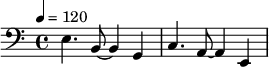{\clef bass \tempo 4=120 e4. b,8 ~ b,4 g, c4. a,8 ~ a,4 e,}\midi{}