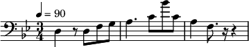 {\clef bass \tempo 4=90 \time 3/4 \key bes\major
\set Score.currentBarNumber = #1 \bar ""
d4 r8 d f g a4. c'8 bes' c' a4 f8. r16 r4
}\addlyrics {\set fontSize = #-2
}
\midi{}