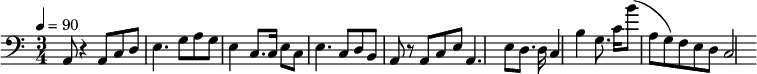 {\clef bass \tempo 4=90 \time 3/4
\set Score.currentBarNumber = #1 \bar ""
a,8 r4 a,8 c d e4. g8 a g e4 c8. c16 e8 c e4. c8 d b, a, r8 a, c e
a,4. e8 d8. d16 c4 b g8. c'16 b'8(a g) f e d c2
}\addlyrics {\set fontSize = #-2
}
\midi{}