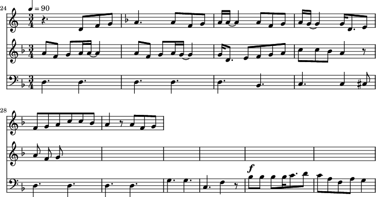 
{
  <<
    \relative c ' {
      \new Staff {
        \set Staff.midiMinimumVolume = #1.1
        \set Staff.midiMaximumVolume = #1.3
        \set Score.currentBarNumber = #24 \bar "" \tempo 4=90  \key c \major \time 3/4
        r4. d8 f8 g8 \key f \major a4. a8 f g a16 a~ a4 a8 f g a16 g~ g4 g16 d8. e8 f g a c c bes a4 r8 a f g
      }

    }
    \relative c ''{
      \new Staff {
        \set Staff.midiMinimumVolume = #1.1
        \set Staff.midiMaximumVolume = #1.3
        \set Score.currentBarNumber = #24 \bar "" \tempo 4=90  \key f \major \time 3/4
        a8 f g a16 a~ a4 a8 f g a16 g~ g4 g16 d8. e8 f g a c c bes a4 r8 a f g
      }
    }
    \new Staff  \with {midiInstrument = #"acoustic bass"} 
    {
      \set Staff.midiMinimumVolume = #2.7
      \set Staff.midiMaximumVolume = #3.9
      \set Score.currentBarNumber = #24 \bar ""
      \clef bass \key f \major \time 3/4
      d4. d d d d bes, c c4 cis8 d4. d d d g g c f4 r8 bes8^\f bes bes bes16 c'8. d'8 c' a f a g4
    }
  >>
}
\midi{}