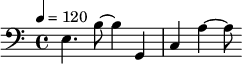 {\clef bass \tempo 4=120 e4. b8 ~ b4 g, c a4 ~ a8 }\midi{}