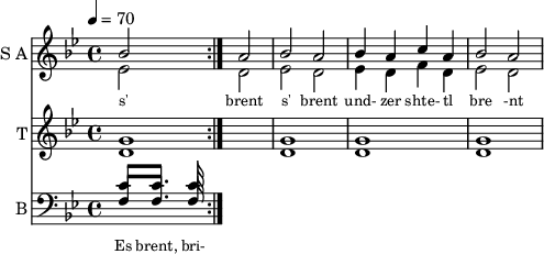 
<< 
  
  \new Staff     
    \with {instrumentName = "S A"
           shortInstrumentName = "S A"}
    <<
    \set Staff.midiMinimumVolume = #0.3
    \set Staff.midiMaximumVolume = #0.7
    \set Score.currentBarNumber = #1 \bar "" \tempo 4=70 \time 4/4 \key bes \major

    \new Voice = "s1" \relative c '' {  
      \voiceOne
        bes2 a bes a bes4 a c a bes2 a
    }
    \new Voice = "s2" \relative c '{  
      \voiceTwo
         ees2 d ees d ees4 d f d ees2 d  
    }
    >>
 
    \new Lyrics \lyricsto "s1" {\set fontSize = #-2
      s' brent s' brent und- zer shte- tl bre -nt de
    }

  %{
  \new Staff  
  \with {instrumentName = "A"
          shortInstrumentName = "A"}
  <<
  \set Staff.midiMinimumVolume = #0.3
  \set Staff.midiMaximumVolume = #0.5      
  \set Score.currentBarNumber = #1 \bar "" \tempo 4=70 \time 4/4 \key bes \major
  \new Voice = "a1" \fixed c ' {
    \voiceOne
      g1 g  g g 
  }
  \new Voice = "a2" \fixed c ' {
    \voiceTwo
      d1 d d d
  }    
  >>
  \new Lyrics \lyricsto "a1" {\set fontSize = #-2
  
  }
  \repeat volta 2
  %}

  \new Staff  
    \with {instrumentName = "T"
           shortInstrumentName = "T"}
    <<
    \set Staff.midiMinimumVolume = #0.3
    \set Staff.midiMaximumVolume = #0.5      
    \set Score.currentBarNumber = #1 \bar "" \tempo 4=70 \time 4/4 \key bes \major
    \new Voice = "t1" \fixed c ' {
      \voiceOne
       g1 g  g g 
    }
    \new Voice = "t2" \fixed c ' {
      \voiceTwo
       d1 d d d
    }    
    >>
    \new Lyrics \lyricsto "t1" {\set fontSize = #-2
    
    }
  \repeat volta 2

  \new Staff \with {midiInstrument = #"acoustic bass"
       instrumentName = "B"
       shortInstrumentName = "B"} <<
    \set Staff.midiMinimumVolume = #14.7
    \set Staff.midiMaximumVolume = #15.9
    \set Score.currentBarNumber = #1 \bar "" \tempo 4=70 \time 4/4 \key bes \major
    \clef bass 
    \new Voice = "b1" \relative c' {
      \voiceOne 
      c8 c8. c16 
    }
    {
    \new Voice = "b2" \relative c {
      \voiceOne 
      f8 f8. f16 
    }
    }
    >>
    \new Lyrics \lyricsto "b1" {\set fontSize = #-2
    Es brent, bri- der lekh- es brent oy und- der or- em shtet- tl ne- bekh brent 
    }
    \new Lyrics \lyricsto "b1" {\set fontSize = #-2
            _ _ _ _ _ _ _                 es ken kho- li- le ku- men der mo- ment und- zer shtot mit undz tsu- za- maen zol 
}
>>
\midi{}