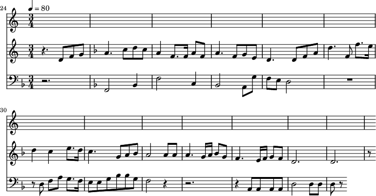 {
<<
\relative c ' {
\new Staff {
\set Staff.midiMinimumVolume = #0.3
\set Staff.midiMaximumVolume = #0.7
\set Score.currentBarNumber = #24 \bar "" \tempo 4=80 \key c \major \time 3/4
r4. d8 f8 g8 \key f \major a4. c8 d c a4 f8. f16 a8 f8 a4. f8 g e d4. d8 f a d4. f,8 f'8. e16 d4 c4 e8. d16 c4. g8 a bes a2 a8 a a4. g16 a bes8g f4. e16 f g8 f d2. d r8
}
}
\new Staff \with {midiInstrument = #"acoustic bass"}
{
\set Staff.midiMinimumVolume = #4.7
\set Staff.midiMaximumVolume = #5.9
\set Score.currentBarNumber = #24 \bar ""
\clef bass \key f \major \time 3/4
r2. \key f \major f,2 bes,4 f2 c4 bes,2 a,8 g f e d2 R2. r8 d8 f a g8. f16 e8 e g bes bes g f2 r4 r2. r4 a,8 a, a, a, d2 d8 d d r8
}
>>
}
\addlyrics {\set fontSize = #-2
- NIT ZUKH MIKH VU DI MIR- TN GRI- NEN GE- FINST MIKH DOR- TN NIT, MAYN SHATS.
VU LE- BNS VEL- KN BAY MA- SHI- NEN, DOR- TN IZ- MAYN RU- E PLATS.
}
\midi{}