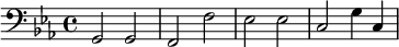 {\clef bass \key ees \major g,2 g, f, f ees ees c g4 c}