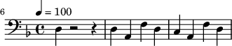 {\clef bass \tempo 4=100 \key f \major   
\set Score.currentBarNumber = #6 \bar ""
d4 r2 r4 d a, f d c a, f d
}\addlyrics {\set fontSize = #-2 

}
\midi{}
