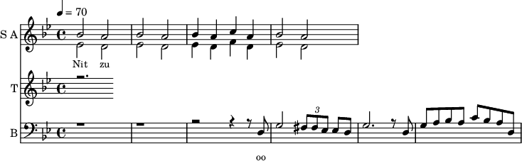 <<
\new Staff
\with {instrumentName = "S A"
shortInstrumentName = "S A"}
<<
\set Staff.midiMinimumVolume = #0.3
\set Staff.midiMaximumVolume = #0.7
\set Score.currentBarNumber = #1 \bar "" \tempo 4=70 \time 4/4 \key bes \major
\new Voice = "one" \relative c '' {
\voiceOne
bes2 a bes a bes4 a c a bes2 a
}
\new Voice = "two" \relative c '{
\voiceTwo
ees2 d ees d ees4 d f d ees2 d
}
>>
\new Lyrics \lyricsto "one" {\set fontSize = #-2
Nit zu
}
\new Staff
\with {instrumentName = "T"
shortInstrumentName = "T"}
<<
\set Staff.midiMinimumVolume = #0.3
\set Staff.midiMaximumVolume = #0.5
\set Score.currentBarNumber = #1 \bar "" \tempo 4=70 \time 4/4 \key bes \major
\new Voice = "three" \fixed c '' {
\voiceOne
r2.
}
>>
\new Lyrics \lyricsto "three" {\set fontSize = #-2
}
\new Staff \with {midiInstrument = #"acoustic bass"
instrumentName = "B"
shortInstrumentName = "B"} <<
\set Staff.midiMinimumVolume = #4.7
\set Staff.midiMaximumVolume = #5.9
\set Score.currentBarNumber = #1 \bar "" \tempo 4=70 \time 4/4 \key bes \major
\clef bass
\new Voice = "four"{
\voiceOne
r1 r r2 r4 r8 d g2 \tuplet 3/2 {fis8 fis ees} ees d g2. r8 d g a bes a c' bes a d
}
>>
\new Lyrics \lyricsto "four" {\set fontSize = #-2
oo
}
>>
\midi{}