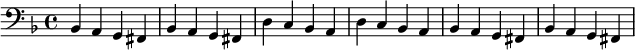 {\clef bass \key f \major bes, a, g, fis, bes, a, g, fis, d c bes, a, d c bes, a, bes, a, g, fis, bes, a, g, fis,}\midi{}