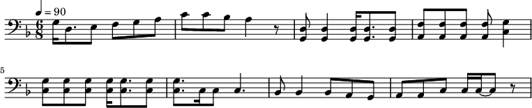 {\clef bass \tempo 4=90\key f \major \time 6/8
g16 d8. e8 f g a c' c' bes a4 r8 <d g,> <d g,>4 <d g,>16 <d g,>8. <d g,>8 <f a,>8 <f a,>8 <f a,>8 <f a,>8 <g c>4 \break
<g c>8 <g c> <g c> <g c>16 <g c>8. <g c>8 <g c>8. c16 c8 c4. bes,8 bes,4 bes,8 a, g, a, a,c c16 c~ c8 r
}\midi{}