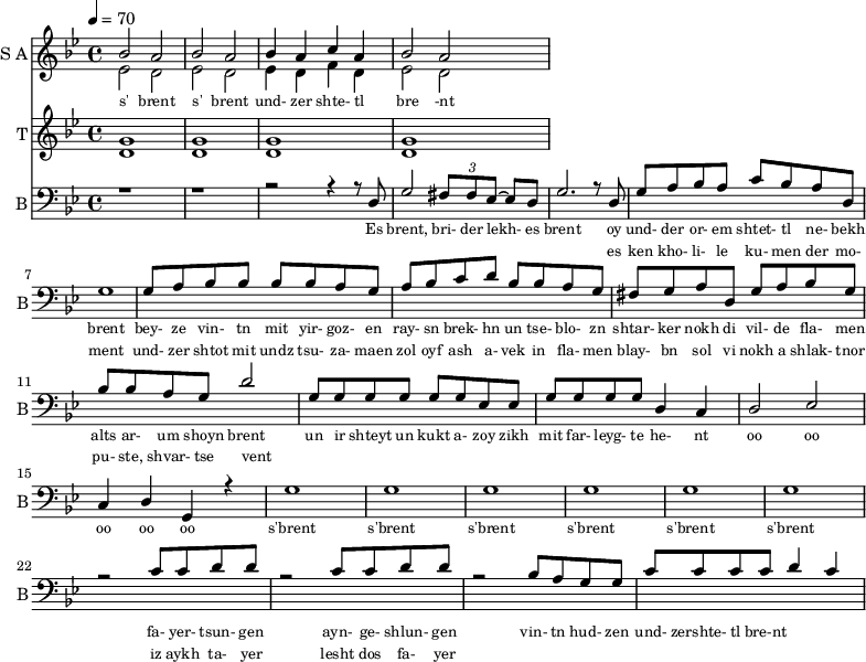 <<
\new Staff
\with {instrumentName = "S A"
shortInstrumentName = "S A"}
<<
\set Staff.midiMinimumVolume = #0.3
\set Staff.midiMaximumVolume = #0.7
\set Score.currentBarNumber = #1 \bar "" \tempo 4=70 \time 4/4 \key bes \major
\new Voice = "one" \relative c '' {
\voiceOne
bes2 a bes a bes4 a c a bes2 a
}
\new Voice = "two" \relative c '{
\voiceTwo
ees2 d ees d ees4 d f d ees2 d
}
>>
\new Lyrics \lyricsto "one" {\set fontSize = #-2
s' brent s' brent und- zer shte- tl bre -nt
}
\new Staff
\with {instrumentName = "T"
shortInstrumentName = "T"}
<<
\set Staff.midiMinimumVolume = #0.3
\set Staff.midiMaximumVolume = #0.5
\set Score.currentBarNumber = #1 \bar "" \tempo 4=70 \time 4/4 \key bes \major
\new Voice = "three" \fixed c ' {
\voiceOne
g1 g g g
}
\new Voice = "four" \fixed c ' {
\voiceTwo
d1 d d d
}
>>
\new Lyrics \lyricsto "three" {\set fontSize = #-2
}
\new Staff \with {midiInstrument = #"acoustic bass"
instrumentName = "B"
shortInstrumentName = "B"} <<
\set Staff.midiMinimumVolume = #14.7
\set Staff.midiMaximumVolume = #15.9
\set Score.currentBarNumber = #1 \bar "" \tempo 4=70 \time 4/4 \key bes \major
\clef bass
\new Voice = "five"{
\voiceOne
r1 r r2 r4 r8 d g2 \tuplet 3/2 {fis8 fis ees~} ees d g2. r8 d g a bes a c' bes a d g1 g8 a bes bes bes bes a g a bes c' d' bes bes a g fis g a d g a bes g bes bes a g d'2 g8 g g g g g ees ees g g g g d4 c d2 ees c4 d g, r4 g1 g g g g g r2 c'8 c' d' d' r2 c'8 c' d' d' r2 bes8 a g g c' c' c' c' d'4 c'
}
>>
\new Lyrics \lyricsto "five" {\set fontSize = #-2
Es brent, bri- der lekh- es brent oy und- der or- em shtet- tl ne- bekh brent bey- ze vin- tn mit yir- goz- en ray- sn brek- hn un tse- blo- zn shtar- ker nokh di vil- de fla- men alts ar- um shoyn brent un ir shteyt un kukt a- zoy zikh mit far- leyg- te he- nt oo oo oo oo oo s'brent s'brent s'brent s'brent s'brent s'brent fa- yer- tsun- gen ayn- ge- shlun- gen vin- tn hud- zen und- zershte- tl bre-nt
}
\new Lyrics \lyricsto "five" {\set fontSize = #-2
_ _ _ _ _ _ _ es ken kho- li- le ku- men der mo- ment und- zer shtot mit undz tsu- za- maen zol oyf ash a- vek in fla- men blay- bn sol vi nokh a shlak- tnor pu- ste, shvar- tse vent _ _ _ _ _ _ _ _ _ _ _ _ _ _ _ _ _ _ _ _ _ _ _ _ _ iz aykh ta- yer lesht dos fa- yer }
>>
\midi{}