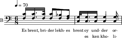 
<< 
  %{
  \new Staff     
    \with {instrumentName = "S A"
           shortInstrumentName = "S A"}
    <<
    \set Staff.midiMinimumVolume = #0.3
    \set Staff.midiMaximumVolume = #0.7
    \set Score.currentBarNumber = #1 \bar "" \tempo 4=70 \time 4/4 \key bes \major

    \new Voice = "s1" \relative c '' {  
      \voiceOne
        bes2 a bes a bes4 a c a bes2 a
    }
    \new Voice = "s2" \relative c '{  
      \voiceTwo
         ees2 d ees d ees4 d f d ees2 d  
    }
    >>
 
    \new Lyrics \lyricsto "s1" {\set fontSize = #-2
      s' brent s' brent und- zer shte- tl bre -nt de
    }
  %}
  %{
  \new Staff  
  \with {instrumentName = "A"
          shortInstrumentName = "A"}
  <<
  \set Staff.midiMinimumVolume = #0.3
  \set Staff.midiMaximumVolume = #0.5      
  \set Score.currentBarNumber = #1 \bar "" \tempo 4=70 \time 4/4 \key bes \major
  \new Voice = "a1" \fixed c ' {
    \voiceOne
      g1 g  g g 
  }
  \new Voice = "a2" \fixed c ' {
    \voiceTwo
      d1 d d d
  }    
  >>
  \new Lyrics \lyricsto "a1" {\set fontSize = #-2
  
  }
  \repeat volta 2
  %}
  %{
  \new Staff  
    \with {instrumentName = "T"
           shortInstrumentName = "T"}
    <<
    \set Staff.midiMinimumVolume = #0.3
    \set Staff.midiMaximumVolume = #0.5      
    \set Score.currentBarNumber = #1 \bar "" \tempo 4=70 \time 4/4 \key bes \major
    \new Voice = "t1" \fixed c ' {
      \voiceOne
       g1 g  g g 
    }
    \new Voice = "t2" \fixed c ' {
      \voiceTwo
       d1 d d d
    }    
    >>
    \new Lyrics \lyricsto "t1" {\set fontSize = #-2
    
    }
  \repeat volta 2
  %}
  \new Staff \with {midiInstrument = #"acoustic bass"
       instrumentName = "B"
       shortInstrumentName = "B"} <<
    \set Staff.midiMinimumVolume = #14.7
    \set Staff.midiMaximumVolume = #15.9
    \set Score.currentBarNumber = #1 \bar "" \tempo 4=70 \time 6/8 \key c \major
    \clef bass 
    \new Voice = "b1" \relative c' {
      \voiceOne 
      c8 c8. c16 c8 bes a g16 g8. g8 g4 g8
    }
    {
    \new Voice = "b2" \relative c {
      \voiceOne 
      f8 f8. f16 f8 f f c16 c8. c8 c4 c8
    }
    }
    >>
    \new Lyrics \lyricsto "b1" {\set fontSize = #-2
    Es brent, bri- der lekh- es brent oy und- der or- em shtet- tl ne- bekh brent 
    }
    \new Lyrics \lyricsto "b1" {\set fontSize = #-2
            _ _ _ _ _ _ _                 es ken kho- li- le ku- men der mo- ment und- zer shtot mit undz tsu- za- maen zol 
}
>>
\midi{}