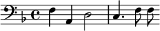 {\clef bass \key f \major f a, d2 c4. f8 f}