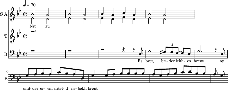 <<
\new Staff
\with {instrumentName = "S A"
shortInstrumentName = "S A"}
<<
\set Staff.midiMinimumVolume = #0.3
\set Staff.midiMaximumVolume = #0.7
\set Score.currentBarNumber = #1 \bar "" \tempo 4=70 \time 4/4 \key bes \major
\new Voice = "one" \relative c '' {
\voiceOne
bes2 a bes a bes4 a c a bes2 a
}
\new Voice = "two" \relative c '{
\voiceTwo
ees2 d ees d ees4 d f d ees2 d
}
>>
\new Lyrics \lyricsto "one" {\set fontSize = #-2
Nit zu
}
\new Staff
\with {instrumentName = "T"
shortInstrumentName = "T"}
<<
\set Staff.midiMinimumVolume = #0.3
\set Staff.midiMaximumVolume = #0.5
\set Score.currentBarNumber = #1 \bar "" \tempo 4=70 \time 4/4 \key bes \major
\new Voice = "three" \fixed c '' {
\voiceOne
r2.
}
>>
\new Lyrics \lyricsto "three" {\set fontSize = #-2
}
\new Staff \with {midiInstrument = #"acoustic bass"
instrumentName = "B"
shortInstrumentName = "B"} <<
\set Staff.midiMinimumVolume = #4.7
\set Staff.midiMaximumVolume = #5.9
\set Score.currentBarNumber = #1 \bar "" \tempo 4=70 \time 4/4 \key bes \major
\clef bass
\new Voice = "four"{
\voiceOne
r1 r r2 r4 r8 d g2 \tuplet 3/2 {fis8 fis ees~} ees d g2. r8 d g a bes a c' bes a d g4g8 a bes bes bes bes a g a bes c' d' bes bes a g
}
>>
\new Lyrics \lyricsto "four" {\set fontSize = #-2
Es bret, bri- der lekh- es brent oy und- der or- em shtet- tl ne- bekh brent
}
>>
\midi{}