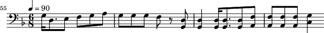 {\clef bass \tempo 4=90\key f \major \time 6/8 
\set Score.currentBarNumber = #55 \bar ""
g16 d8. e8 f g a g g g f r8 <d g,> <d g,>4 <d g,>16 <d g,>8. <d g,>8 <f a,>8 <f a,>8 <f a,>8 <f a,>8 <g c>4 \break}\midi{}