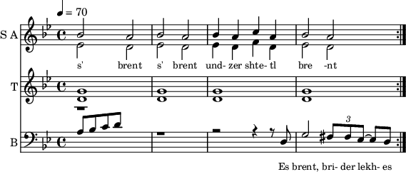 
<< 
  
  \new Staff     
    \with {instrumentName = "S A"
           shortInstrumentName = "S A"}
    <<
    \set Staff.midiMinimumVolume = #0.3
    \set Staff.midiMaximumVolume = #0.7
    \set Score.currentBarNumber = #1 \bar "" \tempo 4=70 \time 4/4 \key bes \major

    \new Voice = "s1" \relative c '' {  
      \voiceOne
        bes2 a bes a bes4 a c a bes2 a
    }
    \new Voice = "s2" \relative c '{  
      \voiceTwo
         ees2 d ees d ees4 d f d ees2 d  
    }
    >>
 
    \new Lyrics \lyricsto "s1" {\set fontSize = #-2
      s' brent s' brent und- zer shte- tl bre -nt de
    }

  %{
  \new Staff  
  \with {instrumentName = "A"
          shortInstrumentName = "A"}
  <<
  \set Staff.midiMinimumVolume = #0.3
  \set Staff.midiMaximumVolume = #0.5      
  \set Score.currentBarNumber = #1 \bar "" \tempo 4=70 \time 4/4 \key bes \major
  \new Voice = "a1" \fixed c ' {
    \voiceOne
      g1 g  g g 
  }
  \new Voice = "a2" \fixed c ' {
    \voiceTwo
      d1 d d d
  }    
  >>
  \new Lyrics \lyricsto "a1" {\set fontSize = #-2
  
  }
  \repeat volta 2
  %}

  \new Staff  
    \with {instrumentName = "T"
           shortInstrumentName = "T"}
    <<
    \set Staff.midiMinimumVolume = #0.3
    \set Staff.midiMaximumVolume = #0.5      
    \set Score.currentBarNumber = #1 \bar "" \tempo 4=70 \time 4/4 \key bes \major
    \new Voice = "t1" \fixed c ' {
      \voiceOne
       g1 g  g g 
    }
    \new Voice = "t2" \fixed c ' {
      \voiceTwo
       d1 d d d
    }    
    >>
    \new Lyrics \lyricsto "t1" {\set fontSize = #-2
    
    }
  \repeat volta 2

  \new Staff \with {midiInstrument = #"acoustic bass"
       instrumentName = "B"
       shortInstrumentName = "B"} <<
    \set Staff.midiMinimumVolume = #14.7
    \set Staff.midiMaximumVolume = #15.9
    \set Score.currentBarNumber = #1 \bar "" \tempo 4=70 \time 4/4 \key bes \major
    \clef bass 
    \new Voice = "b1" \relative {
      \voiceOne 
      r1 r r2 r4 r8 d g2 \tuplet 3/2 {fis8 fis ees~} ees d 
    }
    \new Voice = "b2" \relative c' {
      \voiceOne 
      a bes c d 
    }
    >>
    \new Lyrics \lyricsto "b1" {\set fontSize = #-2
    Es brent, bri- der lekh- es brent oy und- der or- em shtet- tl ne- bekh brent 
    }
    \new Lyrics \lyricsto "b1" {\set fontSize = #-2
            _ _ _ _ _ _ _                 es ken kho- li- le ku- men der mo- ment und- zer shtot mit undz tsu- za- maen zol 
}
>>
\midi{}