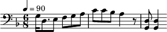 {\clef bass \tempo 4=90\key f \major \time 6/8
g16 d8. e8 f g a c' c' bes a4 r8 <d g,> <d g,>4
}\midi{}