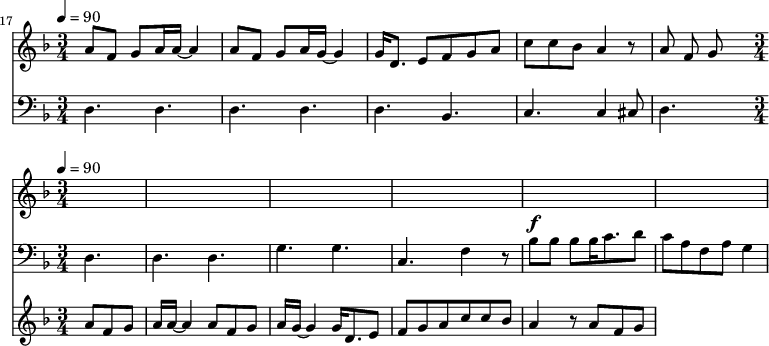 {
<<
\relative c '' {
\new Staff {
\set Staff.midiMinimumVolume = #1.1
\set Staff.midiMaximumVolume = #1.3
\set Score.currentBarNumber = #17 \bar "" \tempo 4=90 \key f \major \time 3/4
a8 f g a16 a~ a4 a8 f g a16 g~ g4 g16 d8. e8 f g a c c bes a4 r8 a f g
}
\new Staff {
\set Staff.midiMinimumVolume = #1.1
\set Staff.midiMaximumVolume = #1.3
\set Score.currentBarNumber = #17 \bar "" \tempo 4=90 \key f \major \time 3/4
a8 f g a16 a~ a4 a8 f g a16 g~ g4 g16 d8. e8 f g a c c bes a4 r8 a f g
}
}
\new Staff \with {midiInstrument = #"acoustic bass"}
{
\set Staff.midiMinimumVolume = #2.7
\set Staff.midiMaximumVolume = #3.9
\clef bass \key f \major \time 3/4
d4. d d d d bes, c c4 cis8 d4. d d d g g c f4 r8 bes8^\f bes bes bes16 c'8. d'8 c' a f a g4
}
>>
}
\midi{}