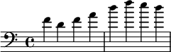 \relative c' {\clef bass f d f a d f e d }