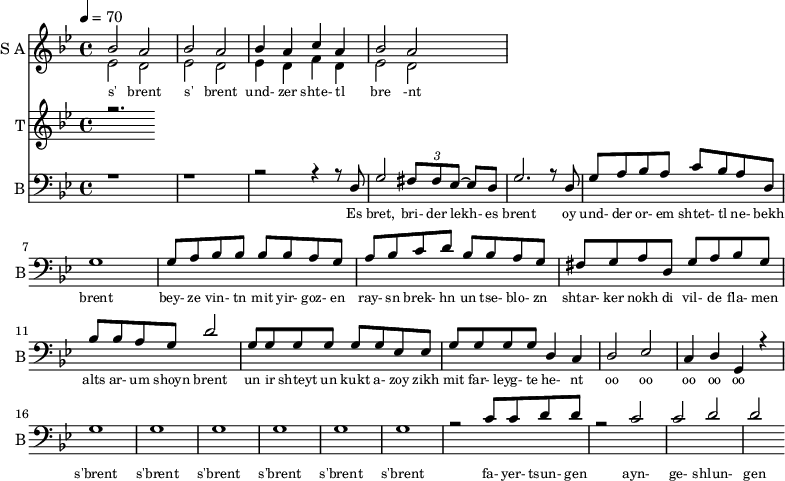 <<
\new Staff
\with {instrumentName = "S A"
shortInstrumentName = "S A"}
<<
\set Staff.midiMinimumVolume = #0.3
\set Staff.midiMaximumVolume = #0.7
\set Score.currentBarNumber = #1 \bar "" \tempo 4=70 \time 4/4 \key bes \major
\new Voice = "one" \relative c '' {
\voiceOne
bes2 a bes a bes4 a c a bes2 a
}
\new Voice = "two" \relative c '{
\voiceTwo
ees2 d ees d ees4 d f d ees2 d
}
>>
\new Lyrics \lyricsto "one" {\set fontSize = #-2
s' brent s' brent und- zer shte- tl bre -nt
}
\new Staff
\with {instrumentName = "T"
shortInstrumentName = "T"}
<<
\set Staff.midiMinimumVolume = #0.3
\set Staff.midiMaximumVolume = #0.5
\set Score.currentBarNumber = #1 \bar "" \tempo 4=70 \time 4/4 \key bes \major
\new Voice = "three" \fixed c '' {
\voiceOne
r2.
}
>>
\new Lyrics \lyricsto "three" {\set fontSize = #-2
}
\new Staff \with {midiInstrument = #"acoustic bass"
instrumentName = "B"
shortInstrumentName = "B"} <<
\set Staff.midiMinimumVolume = #14.7
\set Staff.midiMaximumVolume = #15.9
\set Score.currentBarNumber = #1 \bar "" \tempo 4=70 \time 4/4 \key bes \major
\clef bass
\new Voice = "four"{
\voiceOne
r1 r r2 r4 r8 d g2 \tuplet 3/2 {fis8 fis ees~} ees d g2. r8 d g a bes a c' bes a d g1 g8 a bes bes bes bes a g a bes c' d' bes bes a g fis g a d g a bes g bes bes a g d'2 g8 g g g g g ees ees g g g g d4 c d2 ees c4 d g, r4 g1 g g g g g r2 c'8 c' d' d' r2 c' c' d' d'
}
>>
\new Lyrics \lyricsto "four" {\set fontSize = #-2
Es bret, bri- der lekh- es brent oy und- der or- em shtet- tl ne- bekh brent bey- ze vin- tn mit yir- goz- en ray- sn brek- hn un tse- blo- zn shtar- ker nokh di vil- de fla- men alts ar- um shoyn brent un ir shteyt un kukt a- zoy zikh mit far- leyg- te he- nt oo oo oo oo oo s'brent s'brent s'brent s'brent s'brent s'brent fa- yer- tsun- gen ayn- ge- shlun- gen
}
>>
\midi{}