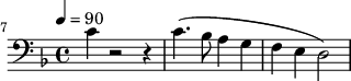 {\clef bass \tempo 4=90 \key f \major
\set Score.currentBarNumber = #7 \bar ""
c'4 r2 r4 c'4.( bes8 a4 g f e d2)
}\midi{}