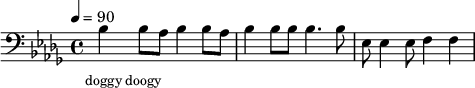 {
\clef bass \tempo 4=90 \key des \major
\set Score.currentBarNumber = #1 \bar ""
bes bes8 aes bes4 bes8 aes bes4 bes8 bes8 bes4. bes8 ees ees4 ees8 f4 f }
\addlyrics {\set fontSize = #-2
doggy doogy
} \midi{}