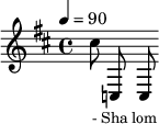 {\clef treble \tempo 4=90 \key b \minor
\set Score.currentBarNumber = #1 \bar ""
\fixed c ''
cis8 c c
}\addlyrics {\set fontSize = #-2
- Sha lom Sa laam Pa az Pa ce Na ba da
}\midi{}