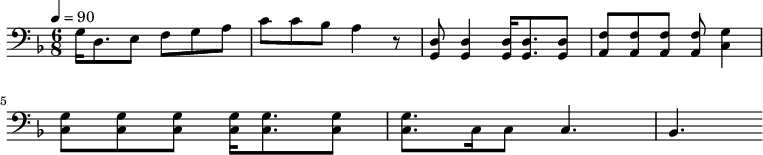 {\clef bass \tempo 4=90\key f \major \time 6/8
g16 d8. e8 f g a c' c' bes a4 r8 <d g,> <d g,>4 <d g,>16 <d g,>8. <d g,>8 <f a,>8 <f a,>8 <f a,>8 <f a,>8 <g c>4 \break
<g c>8 <g c> <g c> <g c>16 <g c>8. <g c>8 <g c>8. c16 c8 c4. bes,
}\midi{}