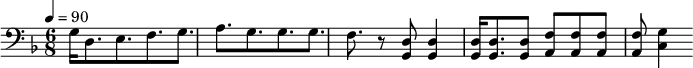 {\clef bass \tempo 4=90\key f \major \time 6/8 
g16 d8. e f g a g g g f r8 <d g,> <d g,>4 <d g,>16 <d g,>8. <d g,>8 <f a,>8 <f a,>8 <f a,>8 <f a,>8 <g c>4 \break}\midi{}