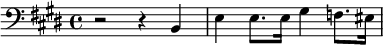 {\clef bass \key e \major r2 r4 b, e e8. e16 gis4 f8. eis16}